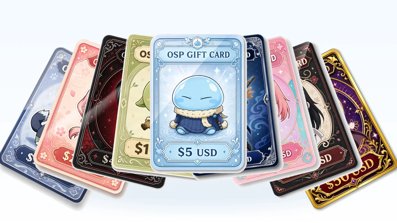 A colorful fan of cute OSP gift cards